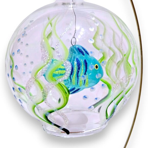 Vintage Hand-Painted Glass Coral Fish In Round Open Art Glass Ornament - Picture 7 of 8